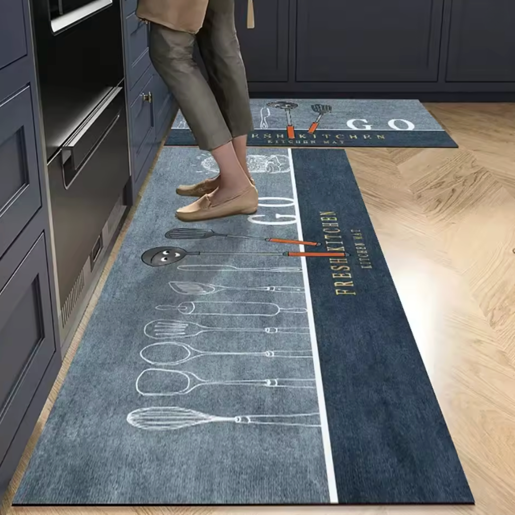 Tapis de cuisine antidérapant bleu et gris