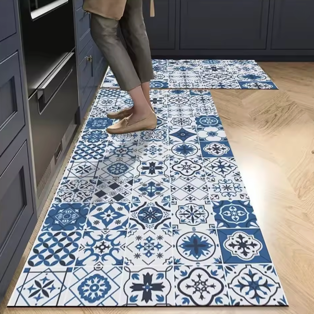 Tapis de cuisine antidérapant carreaux bleus