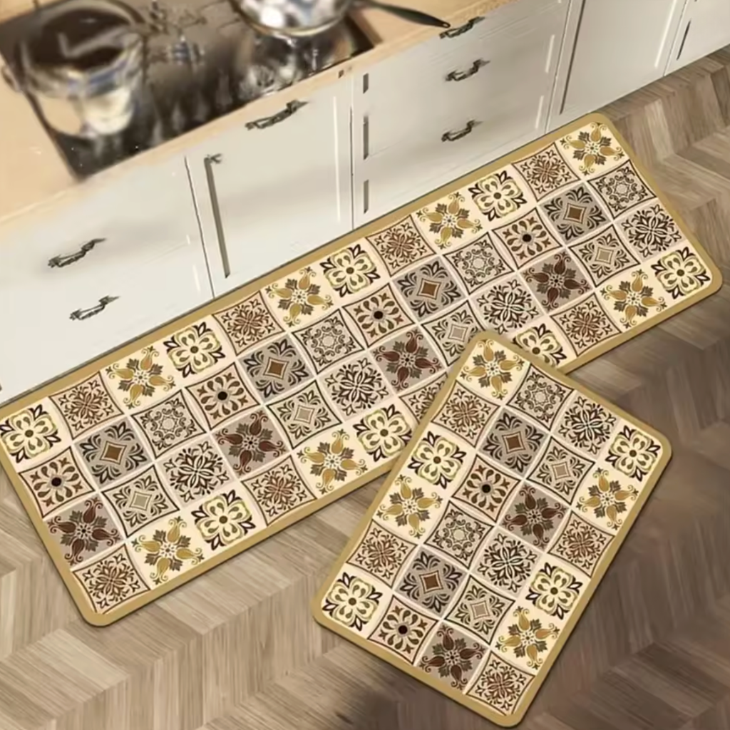 Tapis de cuisine antidérapant carreaux floraux 