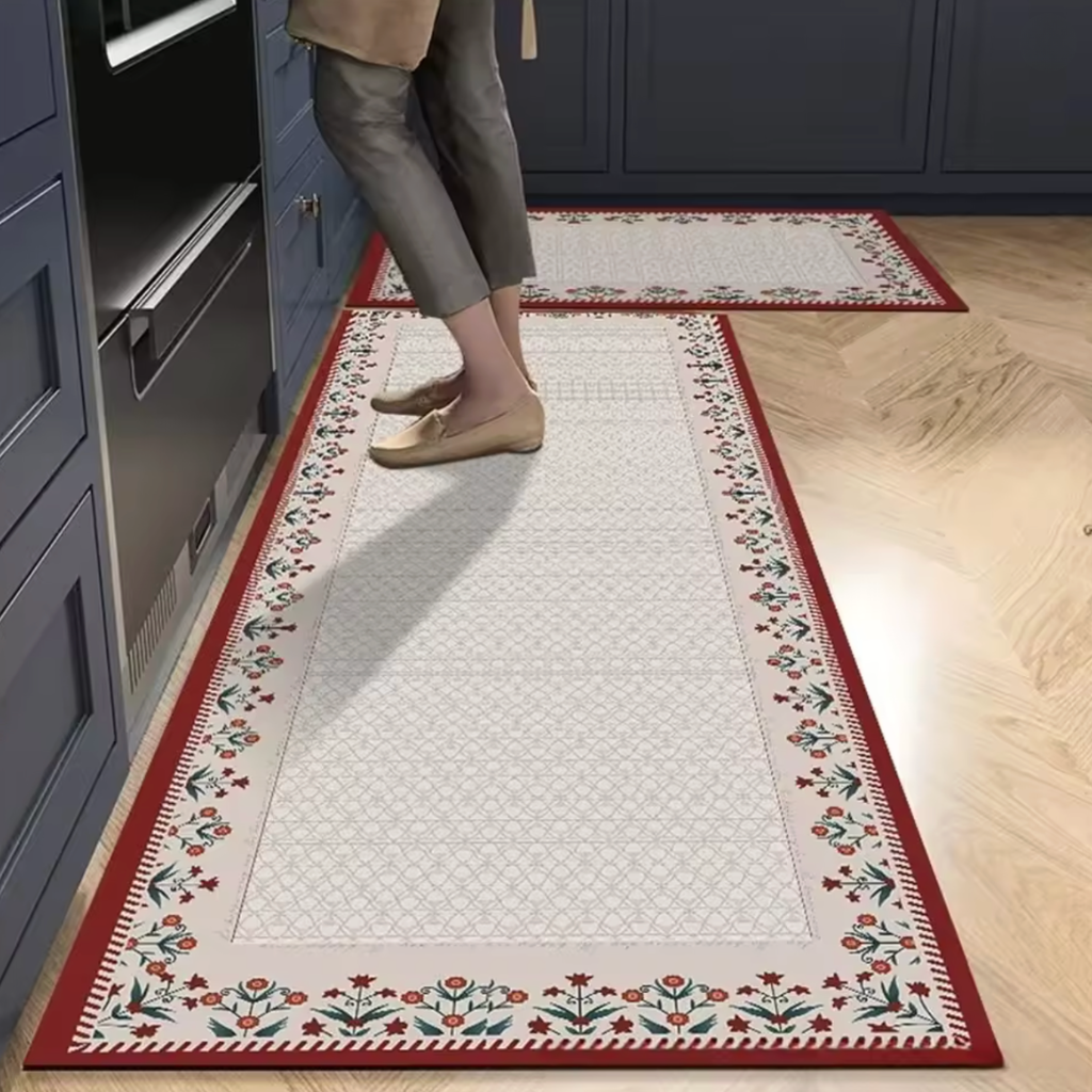 Tapis de cuisine antidérapant floral rouge
